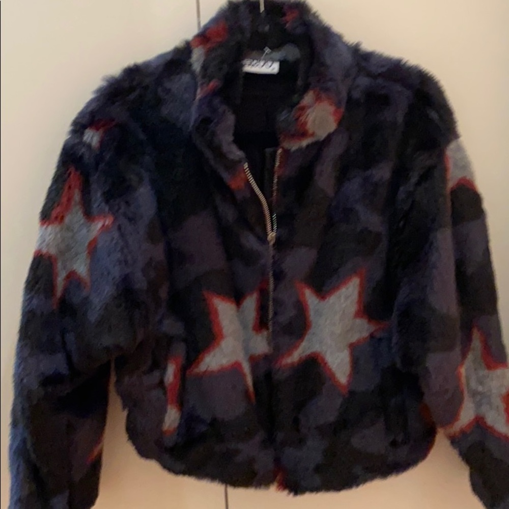 Navy faux fur bomber with stars